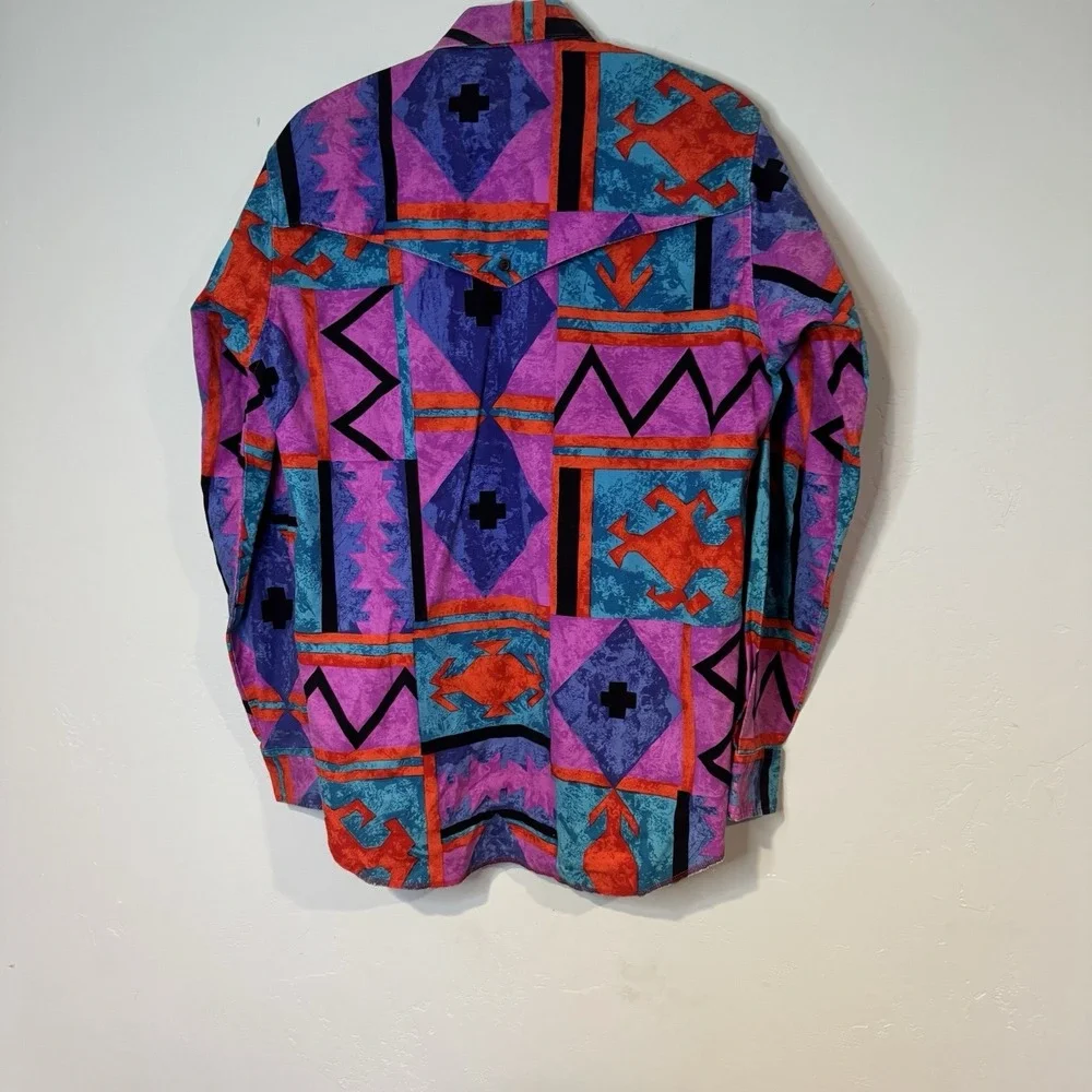 Vintage Wrangler Brushpopper  Aztec Colorful Western 15.5 35 Shirt X-Long Tails